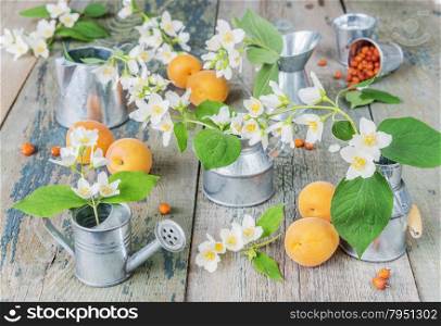 Spring still life with jasmine flowers in a metal dishes and ripe apricots on the old wooden boards