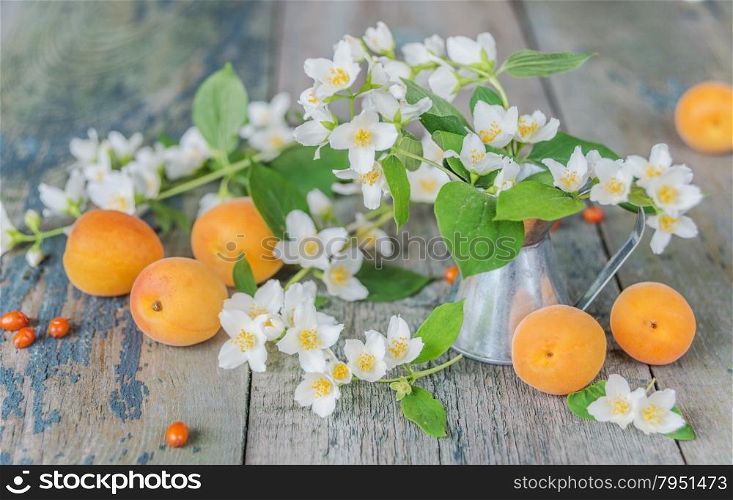 Spring still life with jasmine flowers in a metal jug and ripe apricots on the old wooden boards