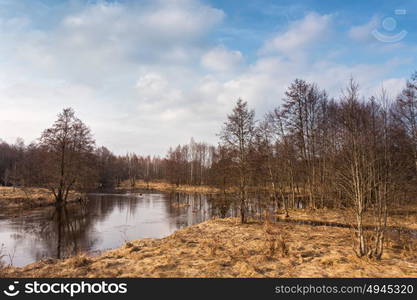 Spring stream. Early spring on small river. Mud season. Sunny spring