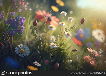 Spring sunny meadow with flowers. Illustration AI Generative