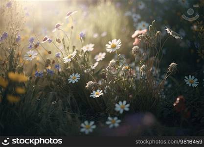 Spring sunny meadow with flowers. Illustration AI Generative