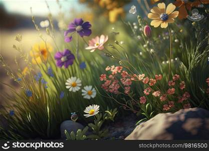 Spring sunny meadow with flowers. Illustration AI Generative