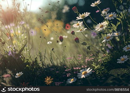 Spring sunny meadow with flowers. Illustration AI Generative