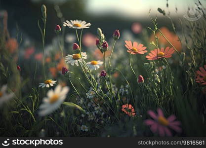 Spring sunny meadow with flowers. Illustration AI Generative