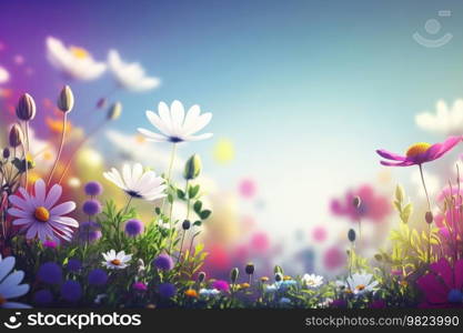 Spring sunny meadow with flowers. Illustration AI Generative