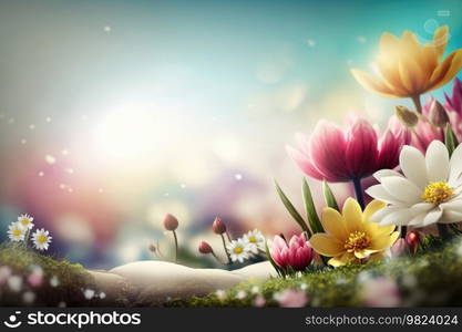 Spring sunny meadow with flowers. Illustration AI Generative