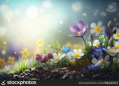 Spring sunny meadow with flowers. Illustration AI Generative