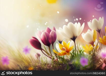 Spring sunny meadow with flowers. Illustration AI Generative