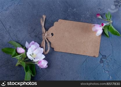 Spring tree flowers. Spring apple tree flowers blooming twig on gray background, top view flat lay scene with copy space