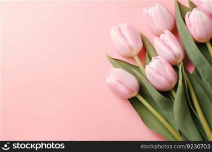 Spring Tulip Flowers on Pink Background, Top View in Flat Lay Style. Generative ai. High quality illustration. Spring Tulip Flowers on Pink Background, Top View in Flat Lay Style. Generative ai