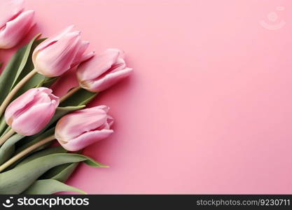 Spring Tulip Flowers on Pink Background, Top View in Flat Lay Style. Generative ai. High quality illustration. Spring Tulip Flowers on Pink Background, Top View in Flat Lay Style. Generative ai