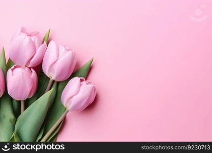 Spring Tulip Flowers on Pink Background, Top View in Flat Lay Style. Generative ai. High quality illustration. Spring Tulip Flowers on Pink Background, Top View in Flat Lay Style. Generative ai