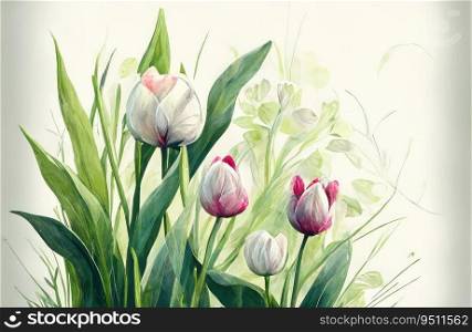 Spring tulips and leaves drawn in watercolor style. Generative AI design. Spring tulips and leaves drawn in watercolor style. Generative AI