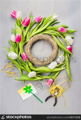 Spring tulips flowers wreath making on gray background , top view