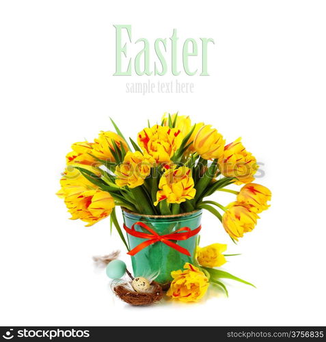 spring tulips with easter eggs on white background (with easy removable text)