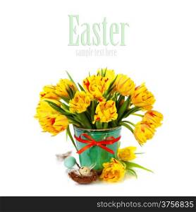 spring tulips with easter eggs on white background (with easy removable text)