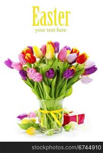 spring tulips with easter eggs on white background (with sample text)