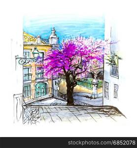 Spring typical Lisbon street, Portugal. The typical Lisbon street with stairs and flowering spring tree, Portugal. Picture made markers