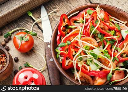 Spring vegetable salad with sunflower sprouts.Fresh vegetable salad on plate. Vitamin vegetable salad.