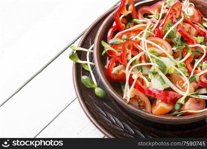 Spring vegetable salad with sunflower sprouts.Fresh vegetable salad on white background. Vitamin vegetable salad.