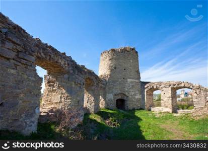 Spring view of Castle ruins (Khmelnytskyi Oblast, Ukraine).