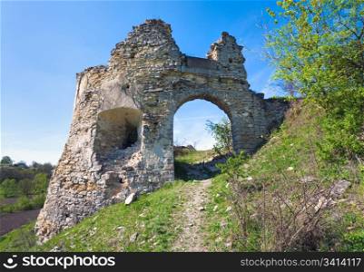 Spring view of Castle ruins (Sydoriv village, Ternopil region, Ukraine).