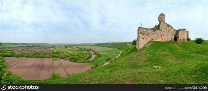 Spring view of Chernokozinetsky castle ruins (Chernokozintsy village , Kamyanets-Podilsky region, Khmelnytsky Oblast, Ukraine). Built in second half of XIV th century. Six shots stitch image.