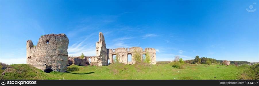 Spring view of Sydoriv Castle ruins (built in 1640s). Sydoriv village, located 7 km south of Husiatyn, Ternopil region, Ukraine. Four shots stitch image.
