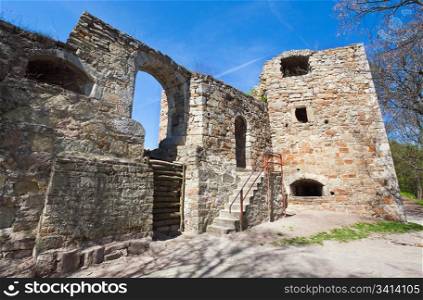 Spring view of Terebovlia castle ruins (Ternopil Oblast, Ukraine). Built in 1366.