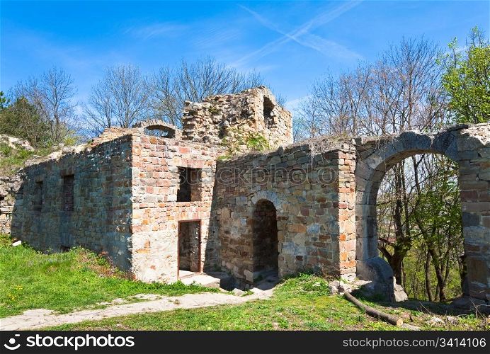 Spring view of Terebovlia castle ruins (Ternopil Oblast, Ukraine). Built in 1366.