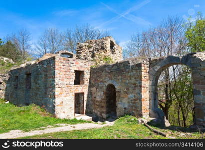 Spring view of Terebovlia castle ruins (Ternopil Oblast, Ukraine). Built in 1366.