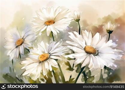 Spring watercolor background with daisies by generative AI