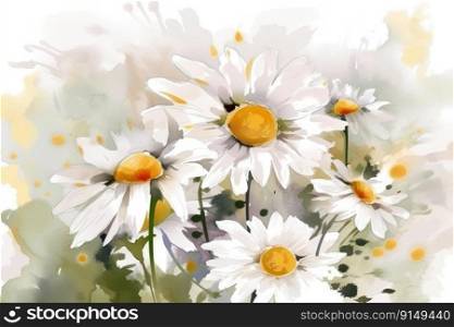 Spring watercolor background with daisies by generative AI