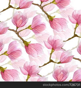 spring watercolor magnolia background. two layers of flowers and branches of magnolia tree. spring watercolor magnolia background. two layers of flowers and branches of magnolia tree.
