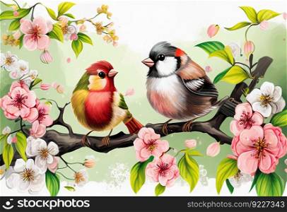 Spring with birds, flowers on branches in the garden illustration. AI is generative.
