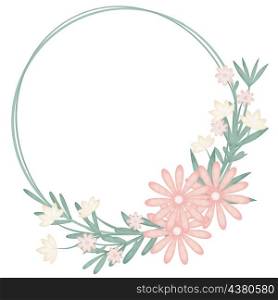 Spring wreath with small flowers and greenery. Round floral botanical frame. Deciduous circular template for greeting card, wedding invitation or congratulation. Spring wreath with small flowers and greenery