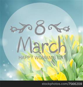 spring yellow tulips in garden on blue bokeh background with 8 march greetings. spring narcissus garden