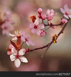 Springtime. Beautiful flowering Japanese cherry - Sakura. Colorful background with flowers  and sun on a spring day.