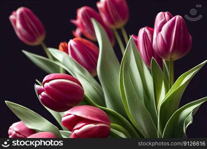 Springtime blossom tulips illustration with ravishing realistic high quality detail, floral and nature in warm lighting during spring background by generative AI.. Springtime blossom tulips illustration with ravishing realistic detail.