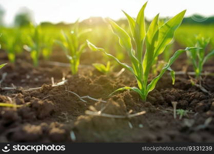 Springtime corn field with fresh, green sprouts. Agricultural landscape with soil based corn sprouts. Generative AI. Springtime corn field with fresh, green sprouts. Generative AI