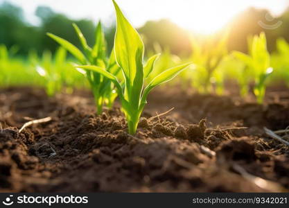 Springtime corn field with fresh, green sprouts. Agricultural landscape with soil based corn sprouts. Generative AI. Springtime corn field with fresh, green sprouts. Generative AI