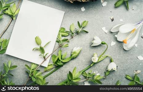 Springtime flowers and twigs and blank white card for graters, top view