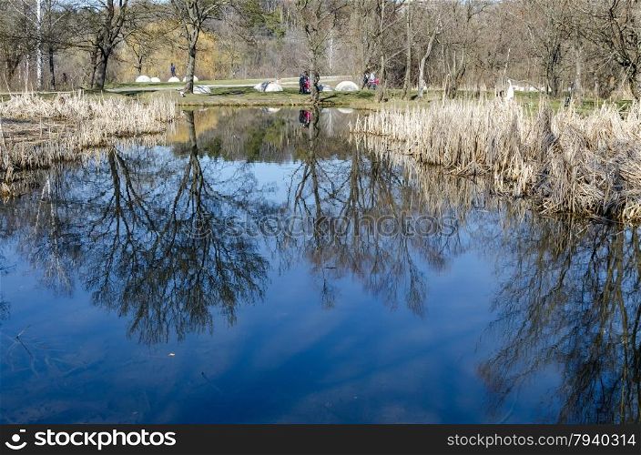 Springtime landscape with reflection in South park, Sofia, Bulgaria