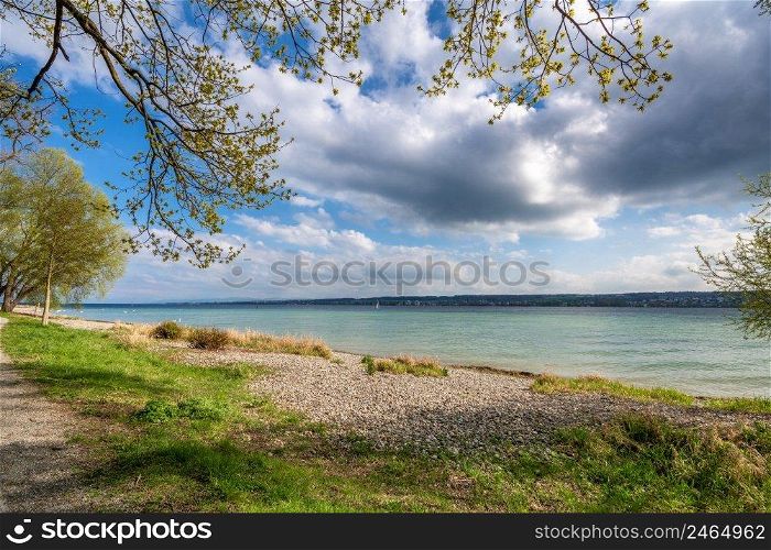 Springtime on Lake Constance lakeside blue sky and sunshine