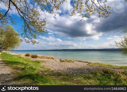 Springtime on Lake Constance lakeside blue sky and sunshine