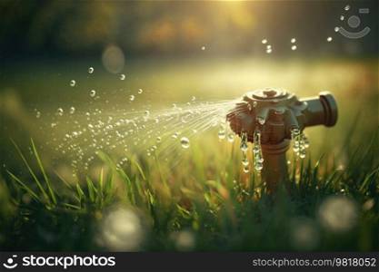 Sprinkler in Park Spraying Water. Illustration Generative AI