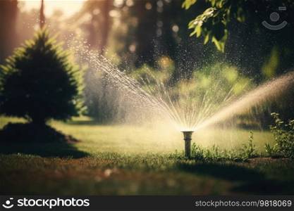 Sprinkler in Park Spraying Water. Illustration Generative AI