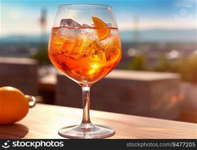 Spritz popular summer cocktail on table restaurant terrace.AI generative