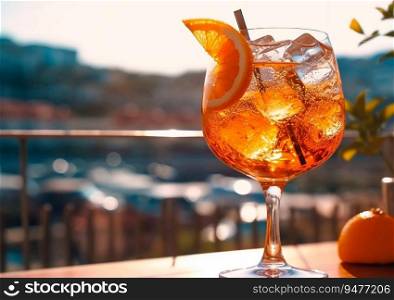 Spritz popular summer cocktail on table restaurant terrace.AI generative
