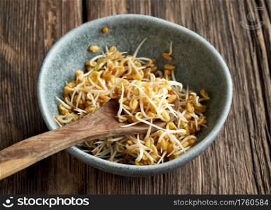 Sprouted fenugreek seeds in a bowl, with a wooden spoon